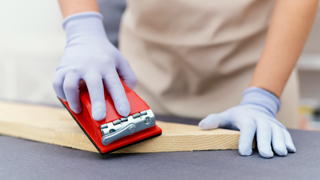 Personne portant des gants ponçant un morceau de bois avec une cale à poncer rouge.